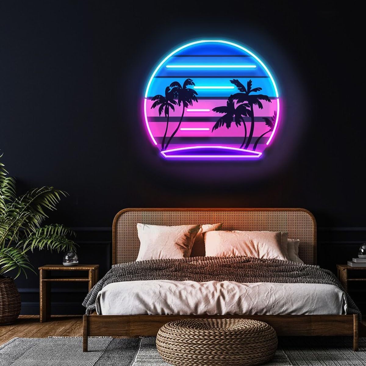 Wall Decor Lighting Tree - Tropisches Retro-Vintage Sonnenuntergang-Palmen-Kunstwerk LED-Neonschild, Sonnenuntergang-Palmen-Neonschild für