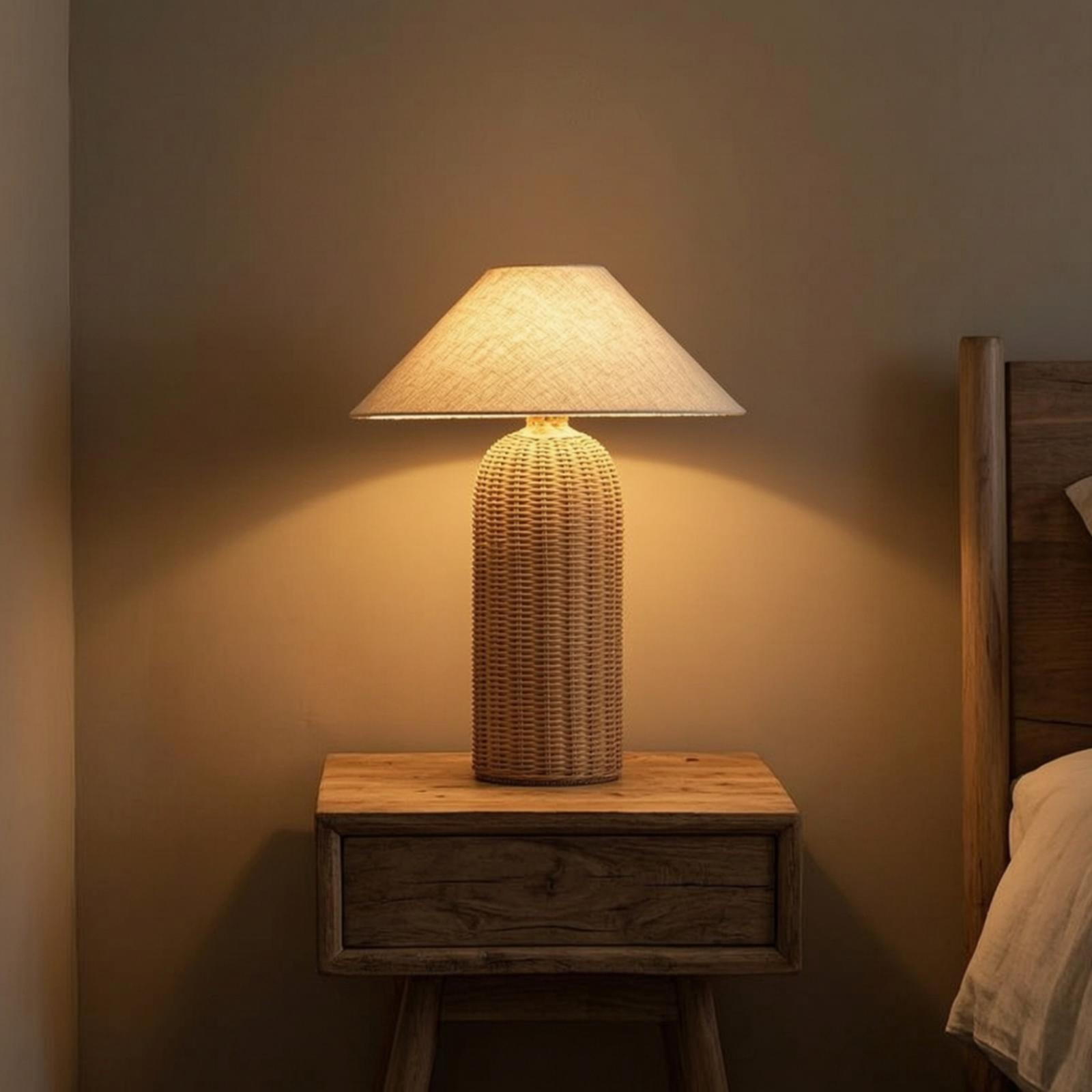 Room Decor Lighting Lamp - Nachttischlampe mit Rattanfuß und Stoffschirm, Dekorative