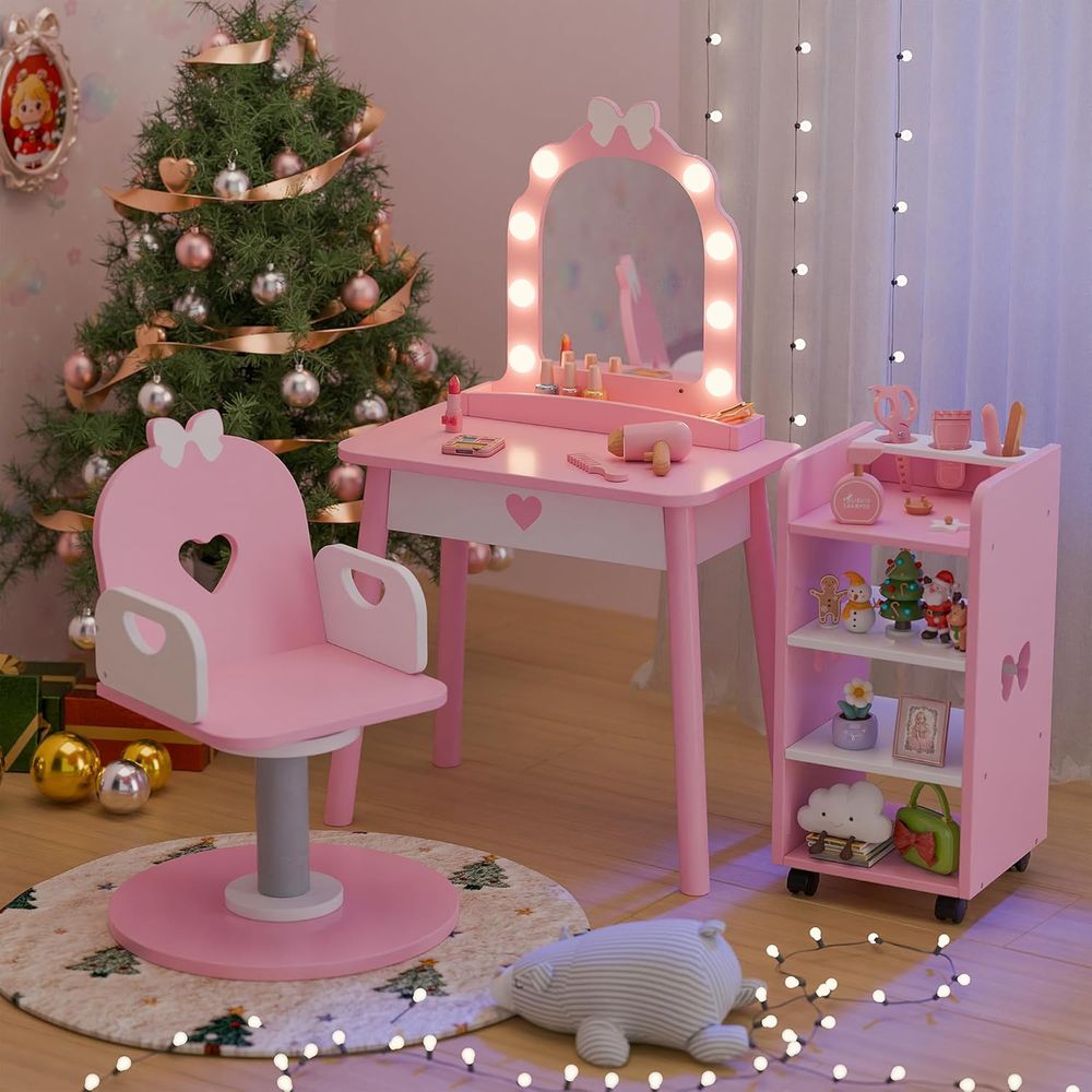 Furniture Lighting & Decor Magazine - Rosa Kleinkind-Schminktisch-Set mit Licht, Stauraum, 7-teiligem