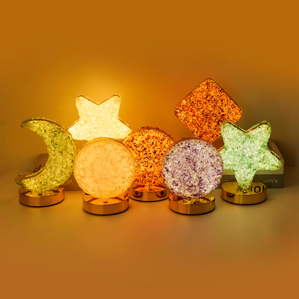 Led Moon Lamp - Natürliche Kristallkies-LED-Nachtlampe, Mond-Stern-Quadrat-Form, USB-Aufladbar, Nachttischlampe, Chakra-Heimdekoration,