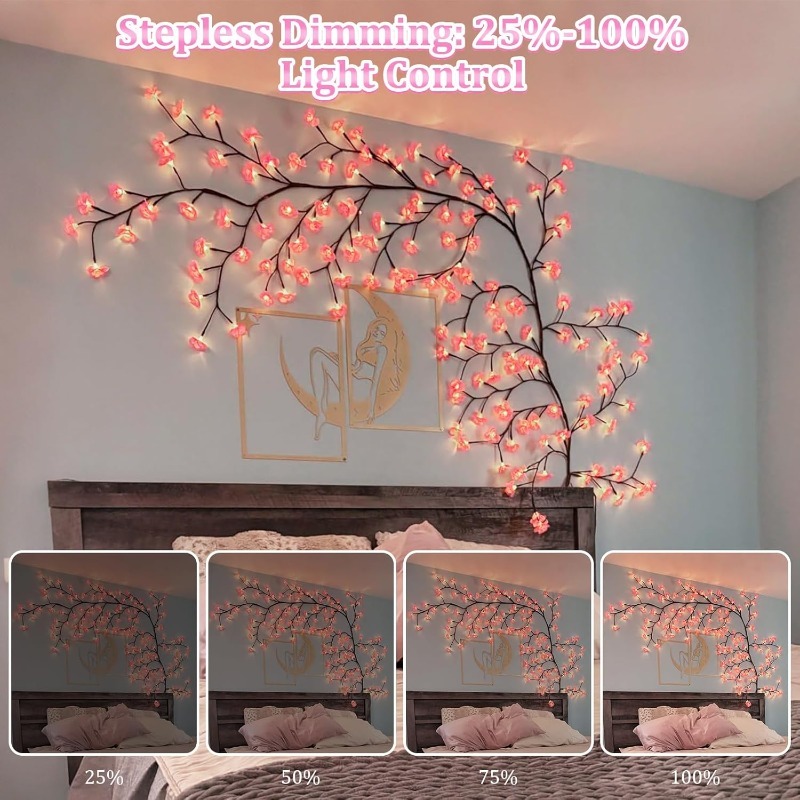 Wall Decor Lighting Tree - LED-Kirschblüten-Baumzweig-Lichter, 8 Modi, künstliche rosa Kirschblüten-Girlande