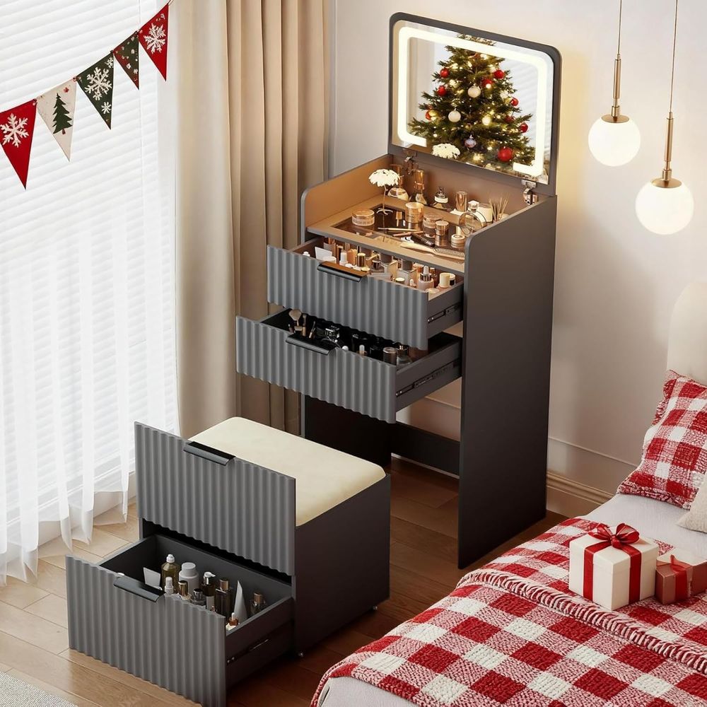 Furniture Lighting & Decor Magazine - 3-in-1 Grauer Schminktisch mit Spiegel, Beleuchtung